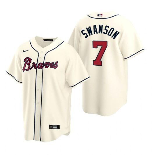 Men's Atlanta Braves #7 Dansby Swanson Cream Cool Base Stitched Jersey Men's Atlanta Braves #7 Dansby Swanson Cream Cool Base Stitched Jersey